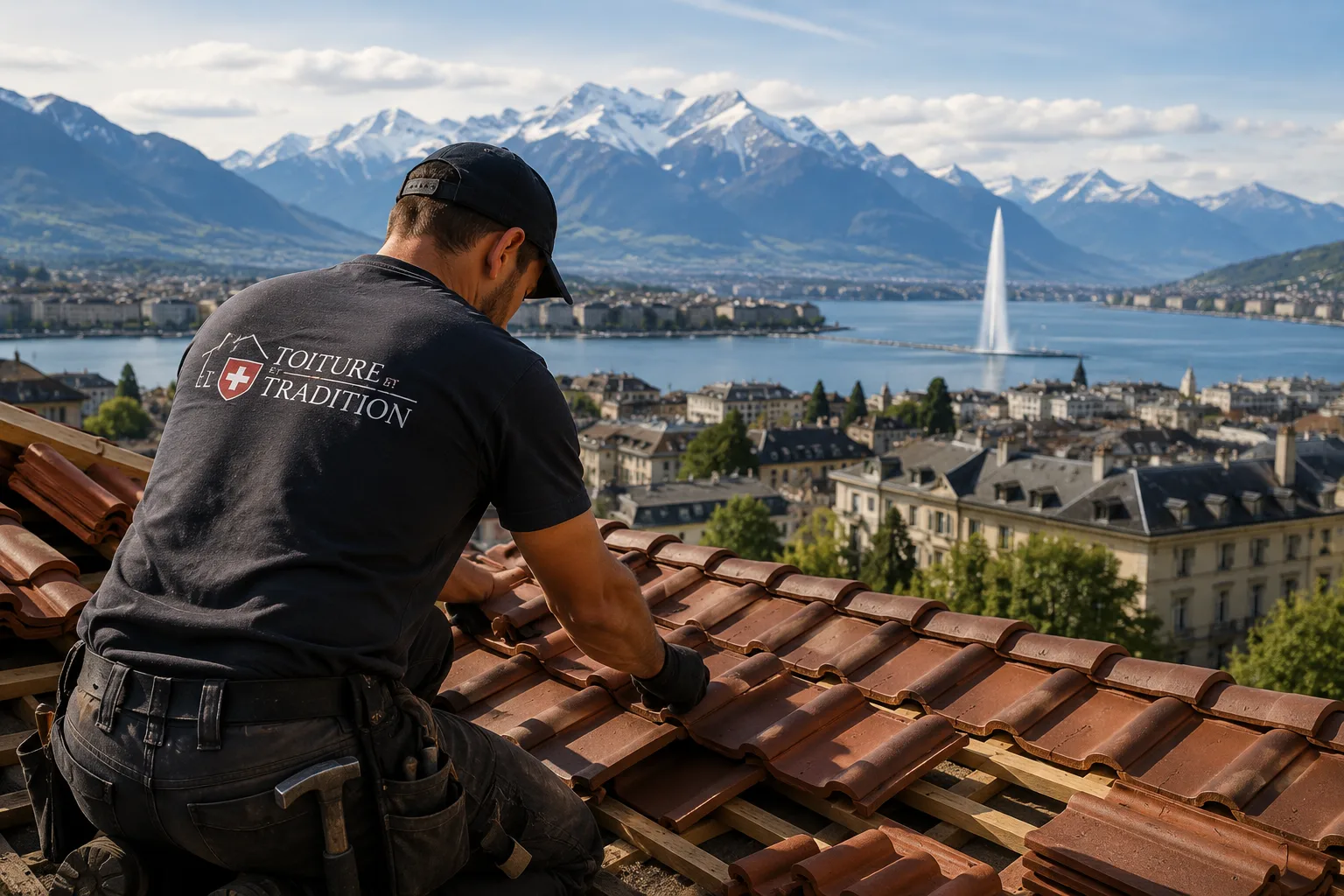 Artisan couvreur intervenant sur une toiture à Genève